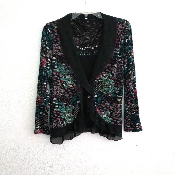 Black colorful floral long sleeve blouse, with little tiny studs and lace detail - Picture 2 of 8